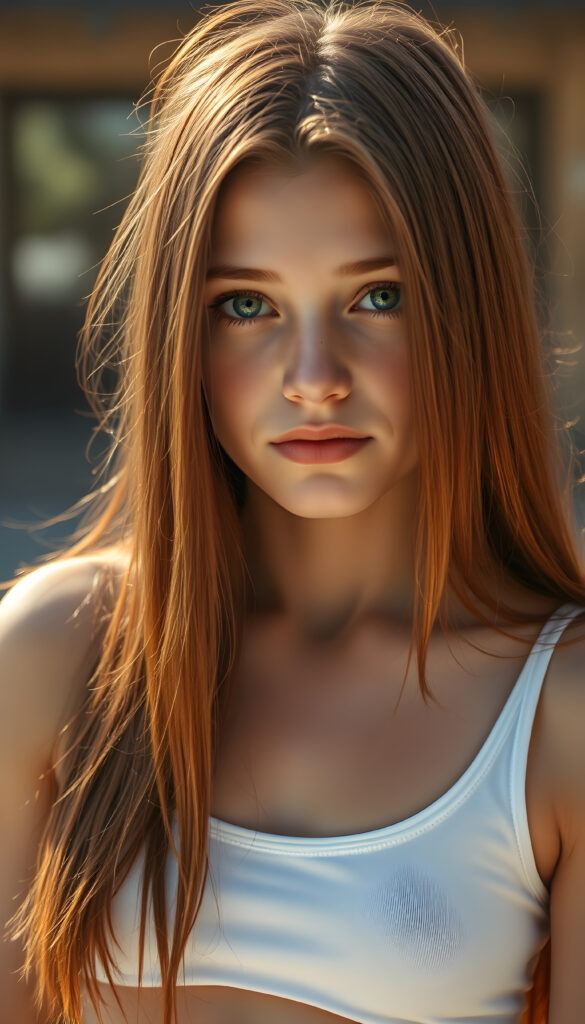 a (((super realistic full body photo))) featuring a (((beautifully stunning and gorgeous young teen girl))) with luxurious ((long, straight jet red hair)) and ((bright green eyes)), dressed in a (((super short, tight white crop top tank top))), show her belly button, against a sunny backdrop, accurate human anatomy