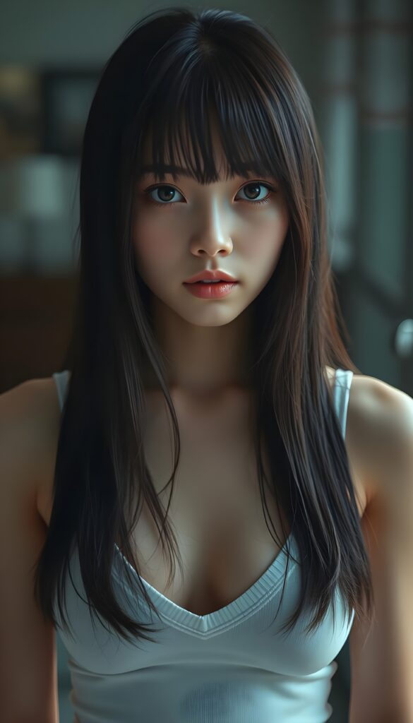 a (((super realistic full body photo))), captured from a (((young stunning and gorgeous well-busted Japanese teen girl)) with long straight obsidian hair in symmetrical cut, bangs cut, full lips, hyper-realistic eyes with perfectly matching pupils and white irises, a small flawless nose, and perfectly aligned and symmetrical front teeth, dressed in a (short tight white tank top with a deep v-neck)