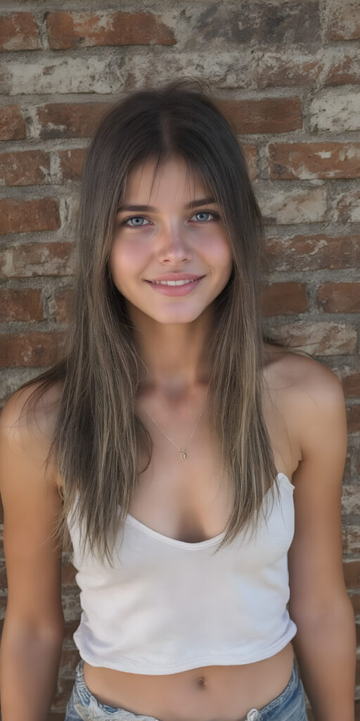 a (((super realistic full length photograph))), with intricate details ((captured in 8K resolution)), of a (((beautiful, dirty, yet well-groomed young cute teen girl))) with ((long, straight, brown hair)) that perfectly complements her face, wearing a ((white tank top)) with a ((deep v-neck)), paired with ((tattered shorts)) that accentuate her yet perfectly proportioned figure, her smile is warm and inviting, perfectly framed by her youthful features, (((full body))) (((a beautifully proportioned figure, with slim waist and perfectly proportioned limbs))), ((she stands in front of a brick wall))