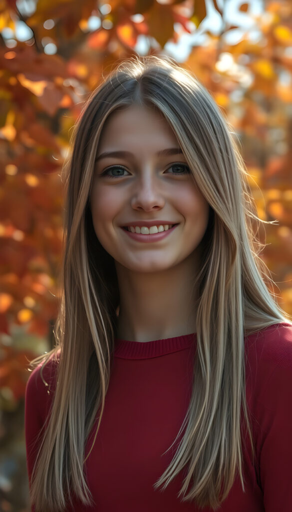 a super realistic and detailed photo from a young well busty teenage girl with a radiant smile, standing against a backdrop of vibrant autumn trees, her blond straight hair cascading like a waterfall brown highlights, wearing a thin tight red plain fine chiffon sweater, with intricate details on her face and a serene expression, as sunlight filters through the leaves, casting a warm, golden glow.