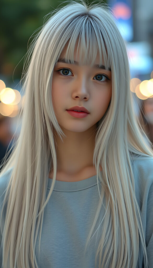 a super realistic photo from a stunning girl, long white straight hair same length right and left, round face, bangs, cute, she wears a light grey plain t-shirt