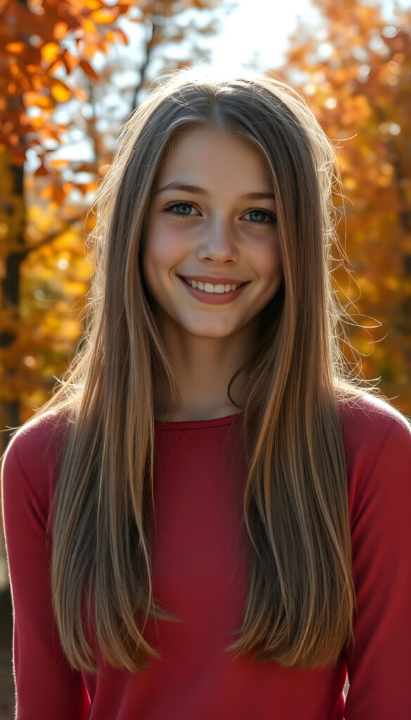 a super realistic and detailed photo from a young well busty teenage girl with a radiant smile, standing against a backdrop of vibrant autumn trees, her blond straight hair cascading like a waterfall brown highlights, wearing a thin tight red plain fine chiffon sweater, with intricate details on her face and a serene expression, as sunlight filters through the leaves, casting a warm, golden glow.