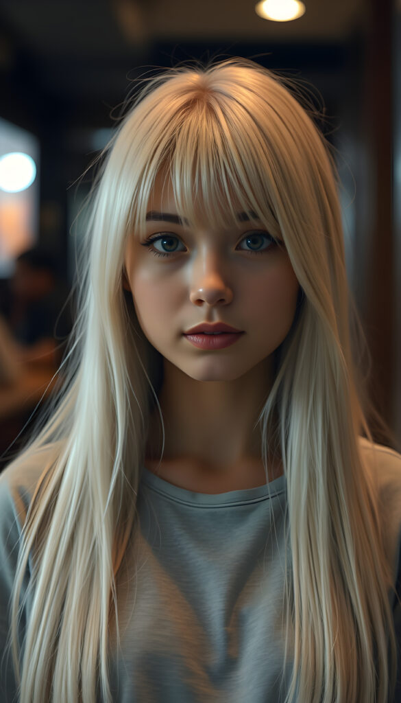 a super realistic photo from a stunning girl, long white straight hair same length right and left, round face, bangs, cute, she wears a light grey plain t-shirt