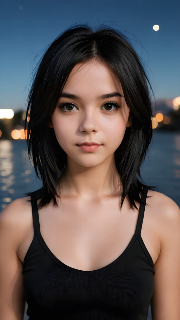 a super realistic and detailed photo from a young gorgeous stunning Emo girl in an plain black tank top, 13 years old, deep v-neck, long soft obsidian black straight hair that frame her round face, full lips, night in backdrop