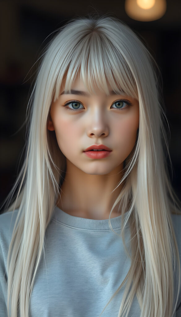 a super realistic photo from a stunning girl, long white straight hair same length right and left, round face, bangs, cute, she wears a light grey plain t-shirt