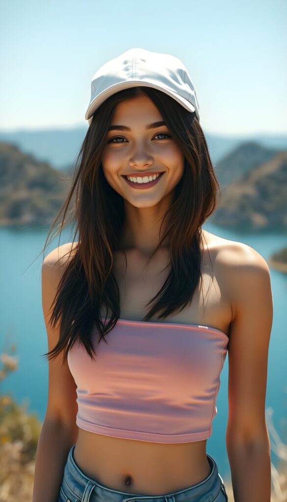 a super realistic, 4k, detailed, a cute petite young Exotic teen girl with shoulder long straight dark hair and auburn highlights, bob cut, ((plain light cropped pink tube top)), perfect female body, blue denim jeans pants. In the background, there is a large blue reservoir and mountains, you see her cute round belly button. Sunny day. Smile very happy and make you happy. White teeth. She wears a white golf cap.