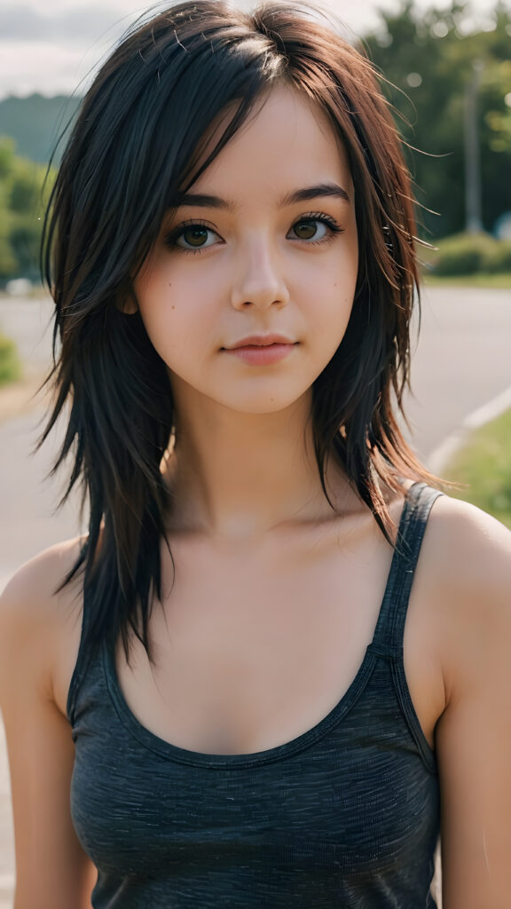 a super realistic and detailed photo from a young gorgeous stunning Emo girl in an plain tank top, long soft hair