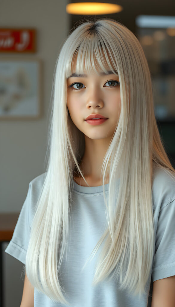 a super realistic photo from a stunning girl, long white straight hair same length right and left, round face, bangs, cute, she wears a light grey plain t-shirt