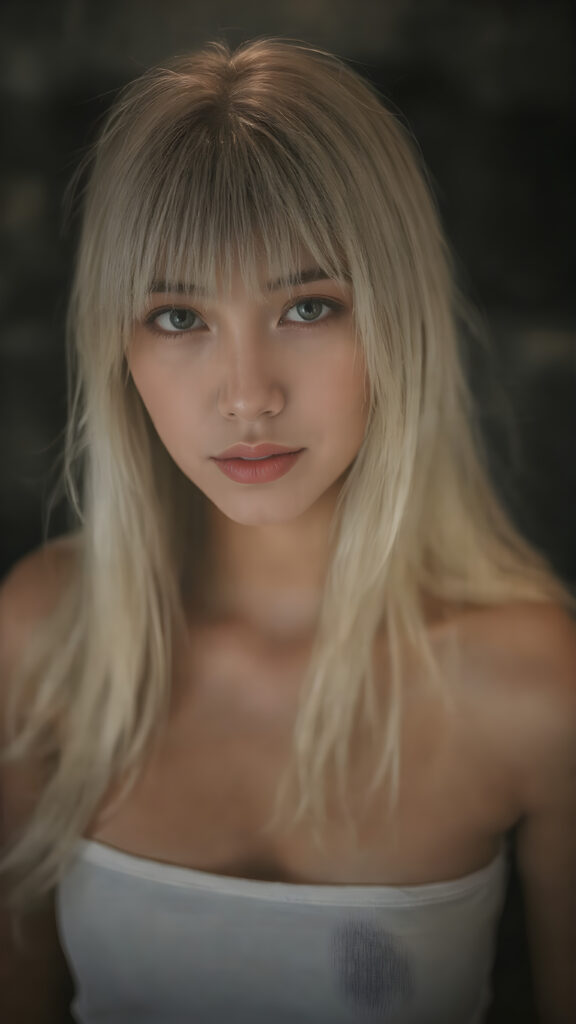 a super realistic upper body portrait, detailed face, perfect curved body, cute teen girl, long white straight soft hair, Korean styled bangs, wear only a white short tight crop tank top, looks at the camera, perfect body, portrait shot, dark backdrop