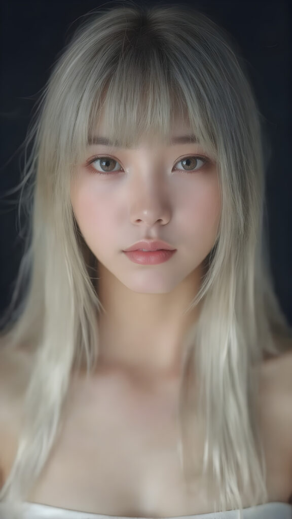 a super realistic upper body portrait, detailed face, perfect curved body, cute teen girl, long white straight soft hair, Korean styled bangs, wear only a white short tight crop tank top, looks at the camera, perfect body, portrait shot, dark backdrop