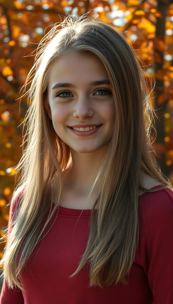 a super realistic and detailed photo from a young well busty teenage girl with a radiant smile, standing against a backdrop of vibrant autumn trees, her blond straight hair cascading like a waterfall brown highlights, wearing a thin tight red plain fine chiffon sweater, with intricate details on her face and a serene expression, as sunlight filters through the leaves, casting a warm, golden glow.
