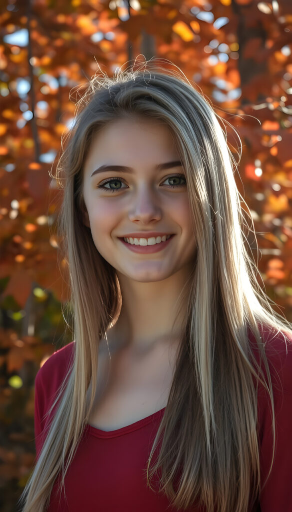 a super realistic and detailed photo from a young well busty teenage girl with a radiant smile, standing against a backdrop of vibrant autumn trees, her blond straight hair cascading like a waterfall brown highlights, wearing a thin tight red plain fine chiffon sweater, with intricate details on her face and a serene expression, as sunlight filters through the leaves, casting a warm, golden glow.