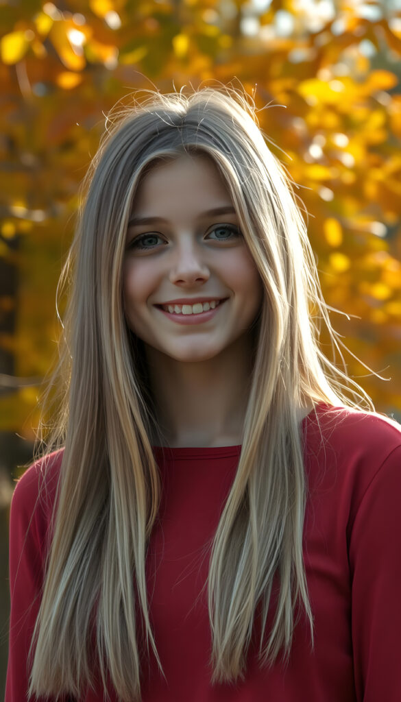 a super realistic and detailed photo from a young well busty teenage girl with a radiant smile, standing against a backdrop of vibrant autumn trees, her blond straight hair cascading like a waterfall brown highlights, wearing a thin tight red plain fine chiffon sweater, with intricate details on her face and a serene expression, as sunlight filters through the leaves, casting a warm, golden glow.