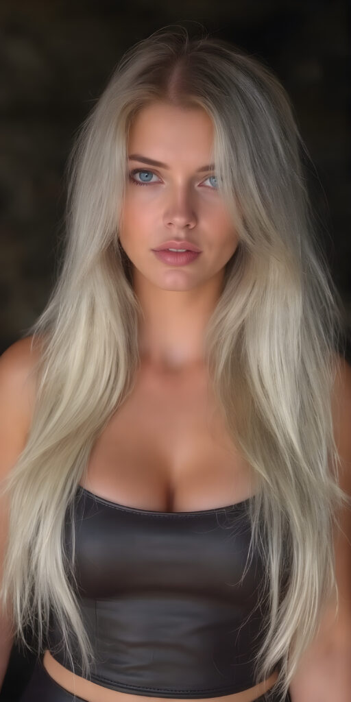 a well busty girl with long, white hair, she wears a black short, skimpy leather tank top that emphasizes her perfect body, deep neck, seductive look, white studio backdrop