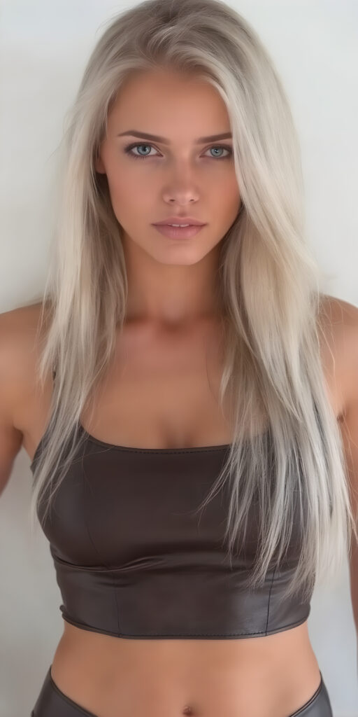a well busty girl with long, white hair, she wears a black short, skimpy leather tank top that emphasizes her perfect body, deep neck, seductive look, white studio backdrop