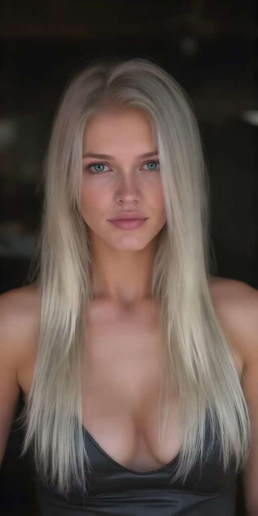 a well busty girl with long, white hair, she wears a black short, skimpy leather tank top that emphasizes her perfect body, deep neck, seductive look, white studio backdrop