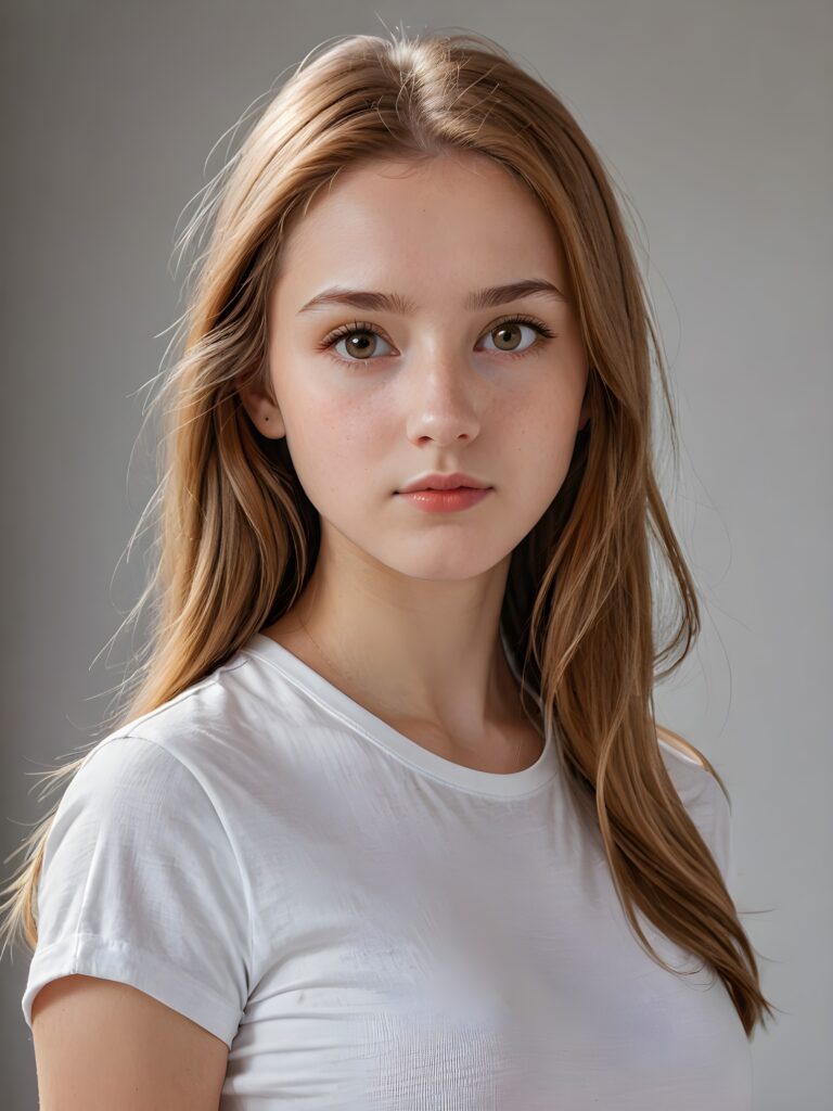 a (((superbly drawn pencil portrait))), featuring a (((beautifully drawn long, straight hazelnut hair)))-lock styled teenage girl with (((detailed angelic round face))) and (((realistic detailed hazelnut eyes))), looking gravely at the viewer from a (((side perspective))), dressed in a (((perfectly curved super short tight (white t-shirt))), cut on fine silk), exquisite details that capture a (((realistically advanced age))), against a (((luminous cinematic light))), creating a (((subtle yet striking atmosphere))), evoking a sense of (((serene melancholy)))