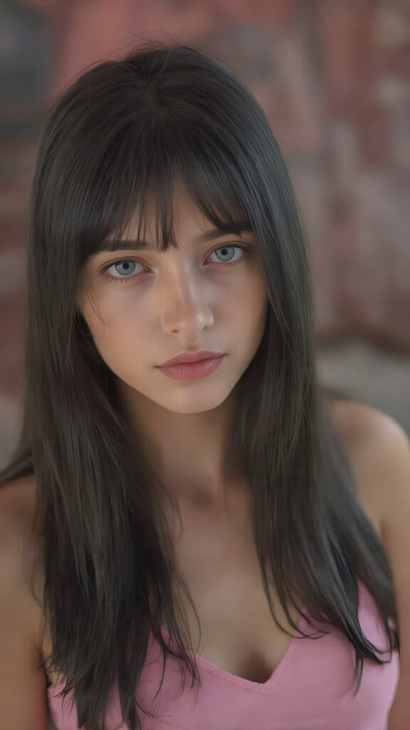 full body shot, a sweet, girl dressed in a pink cropped deep v-neck tank top, long straight silky smooth obsidian black hair, blue eyes, flawless skin, stunning, gorgeous, cute, fotorealistic