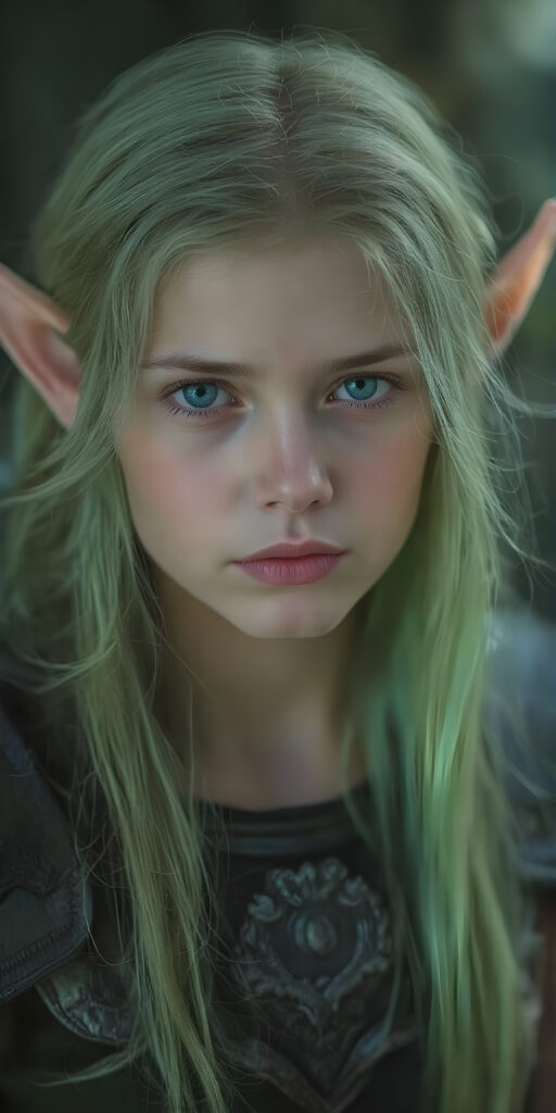 a sweet girl wood elf, dressed in green, with ((long neon light green soft hair)), green eyes, gentle face