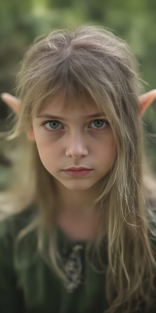 a sweet girl wood elf, dressed in green, with ((long neon light green soft hair)), green eyes, gentle face