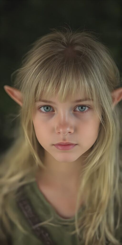 a sweet girl wood elf, dressed in green, with ((long neon light green soft hair)), green eyes, gentle face