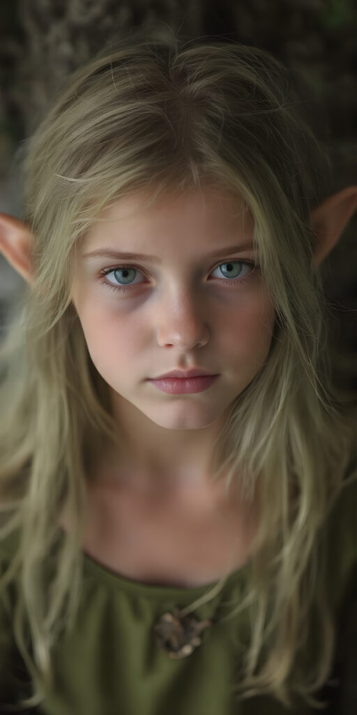 a sweet girl wood elf, dressed in green, with ((long neon light green soft hair)), green eyes, gentle face