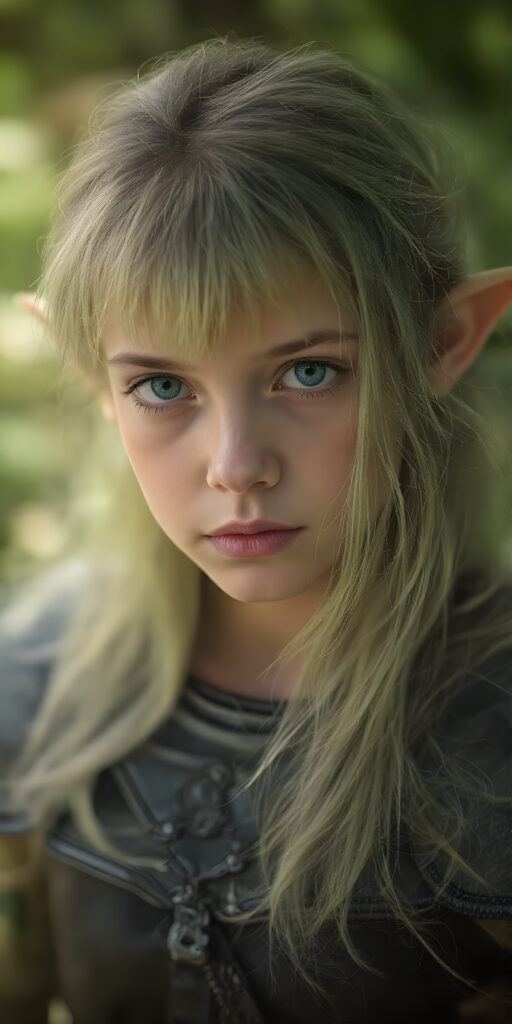 a sweet girl wood elf, dressed in green, with ((long neon light green soft hair)), green eyes, gentle face