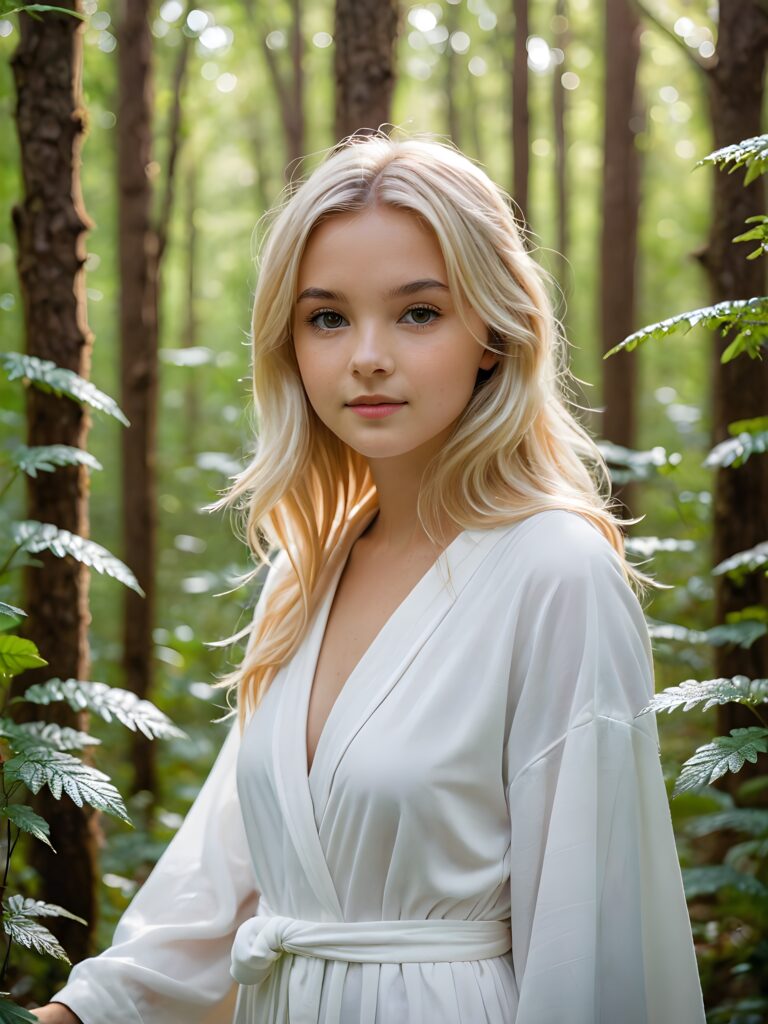 a (((sweet young girl))) in a (((mysterious forest))), where the plants emit a soft, ethereal glow that adds to the enchanting atmosphere. The girl wears a (((white, thin robe))), her blonde hair fluttering in the gentle breeze