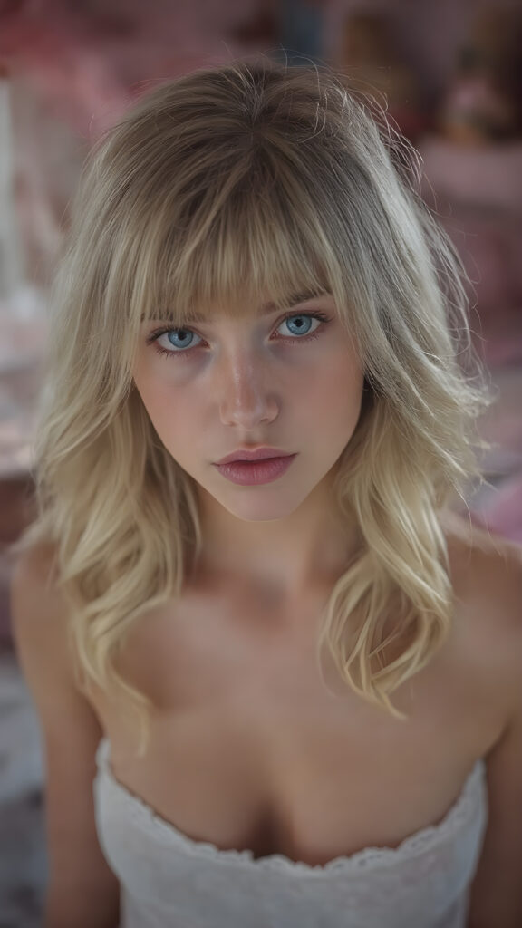 a sweet, young girl in Lolita style looks seductively at the viewer. She is lightly dressed, has blonde hair and blue eyes, ((gorgeous)) ((stunning)) ((perfect, detailed photo)) ((perfect curved body)), she is standing in her room, decorated in Barbie style