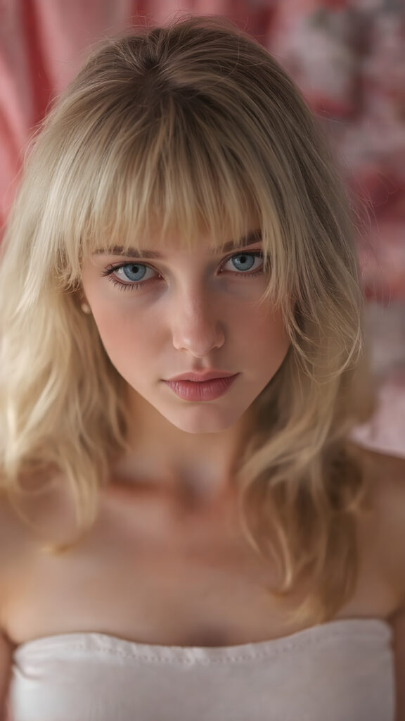 a sweet, young girl in Lolita style looks seductively at the viewer. She is lightly dressed, has blonde hair and blue eyes, ((gorgeous)) ((stunning)) ((perfect, detailed photo)) ((perfect curved body)), she is standing in her room, decorated in Barbie style