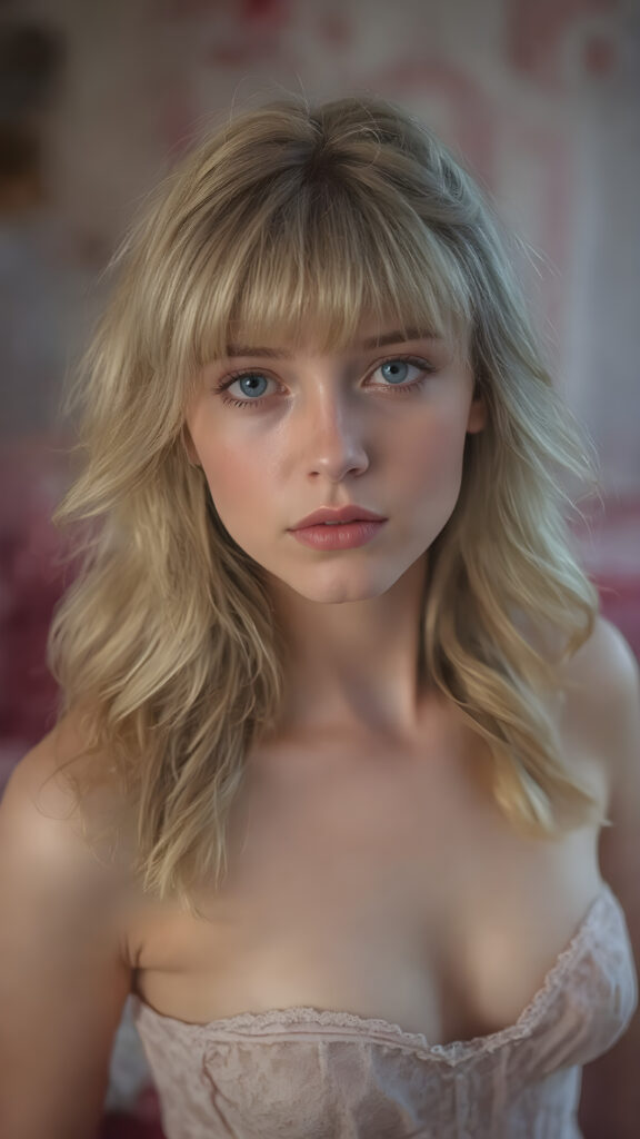 a sweet, young girl in Lolita style looks seductively at the viewer. She is lightly dressed, has blonde hair and blue eyes, ((gorgeous)) ((stunning)) ((perfect, detailed photo)) ((perfect curved body)), she is standing in her room, decorated in Barbie style