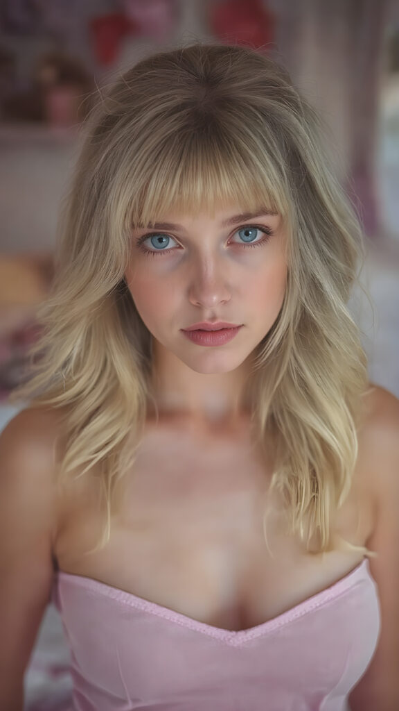 a sweet, young girl in Lolita style looks seductively at the viewer. She is lightly dressed, has blonde hair and blue eyes, ((gorgeous)) ((stunning)) ((perfect, detailed photo)) ((perfect curved body)), she is standing in her room, decorated in Barbie style