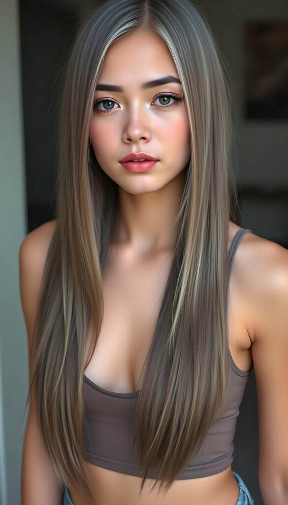 a sweetheart from a girl, long straight hair in the same length, busty, round face, cute, stunning, gorgeous, silver skinned, thin cropped tank top with deep v-neck