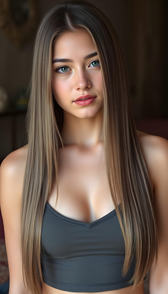 a sweetheart from a girl, long straight hair in the same length, busty, round face, cute, stunning, gorgeous, silver skinned, thin cropped tank top with deep v-neck