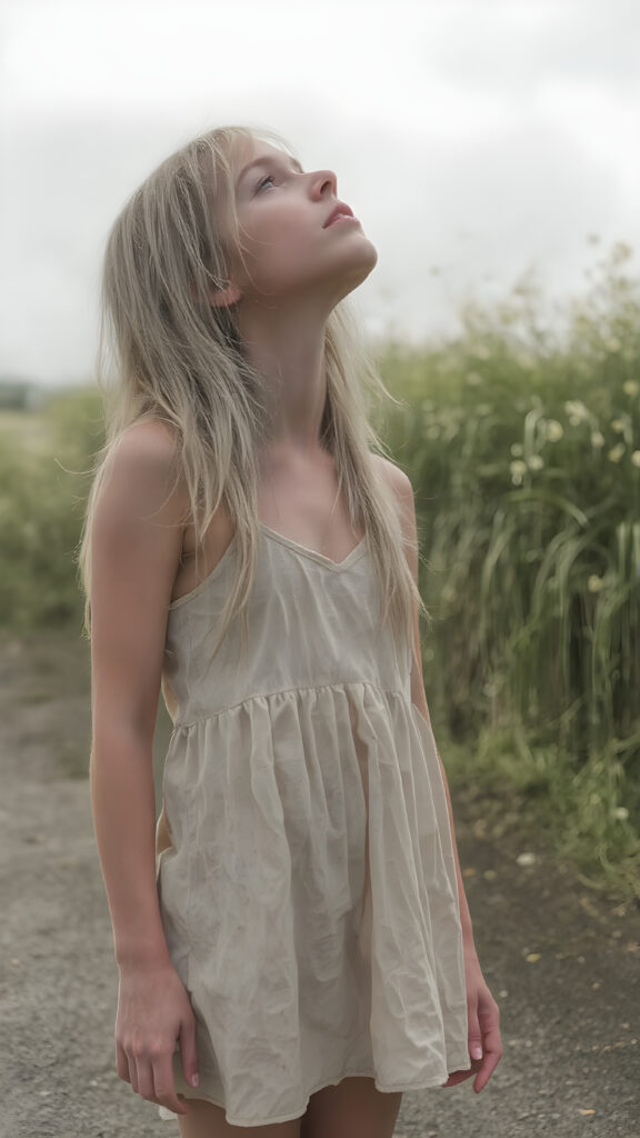 a tall girl stands alone in the summer rain, she is very lightly dressed, has wet straight blond hair and looks up at the sky