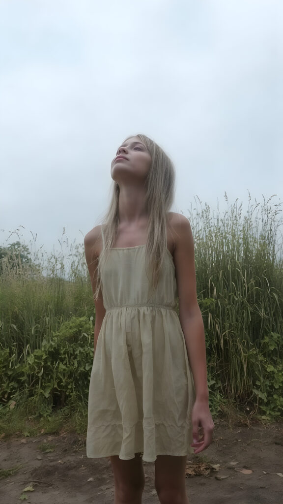 a tall girl stands alone in the summer rain, she is very lightly dressed, has wet straight blond hair and looks up at the sky