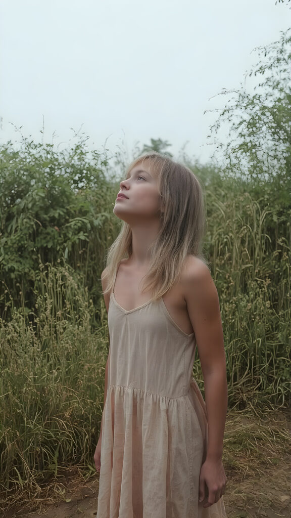 a tall girl stands alone in the summer rain, she is very lightly dressed, has wet straight blond hair and looks up at the sky