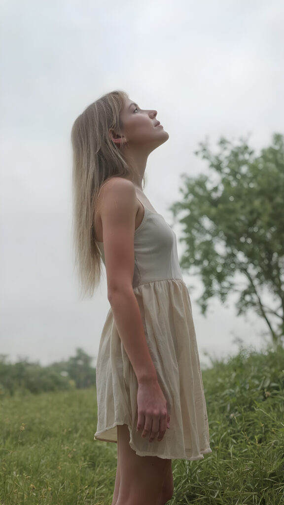 a tall girl stands alone in the summer rain, she is very lightly dressed, has wet straight blond hair and looks up at the sky