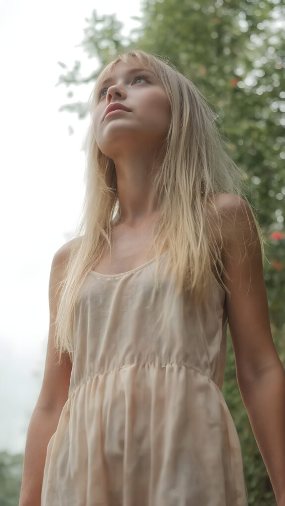 a tall girl stands alone in the summer rain, she is very lightly dressed, has wet straight blond hair and looks up at the sky