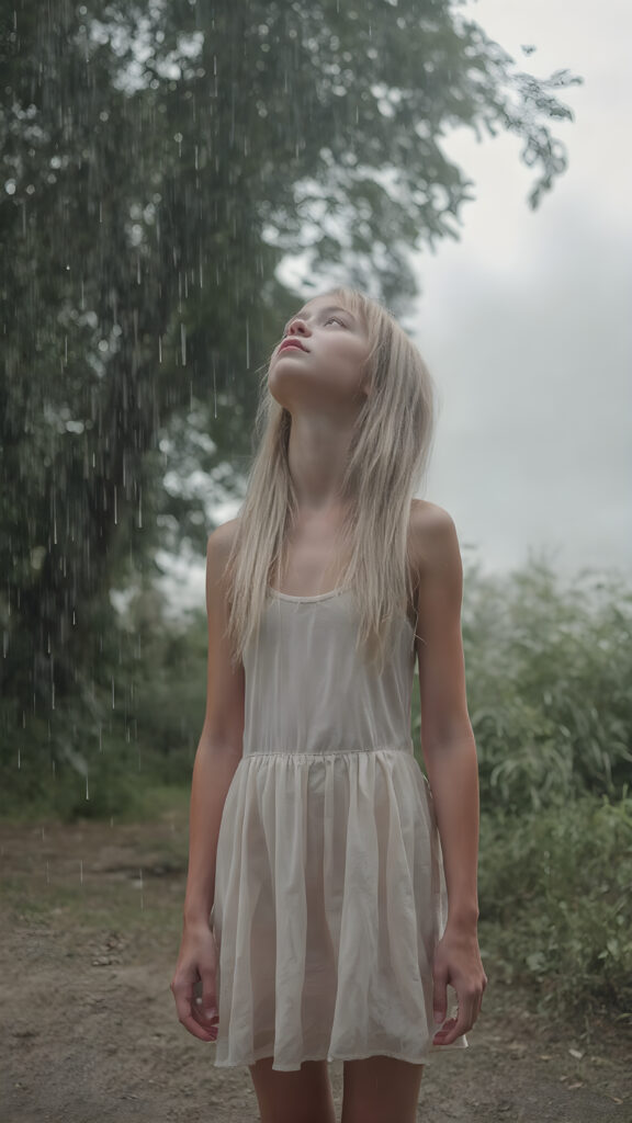 a tall girl stands alone in the summer rain, she is very lightly dressed, has wet straight blond hair and looks up at the sky