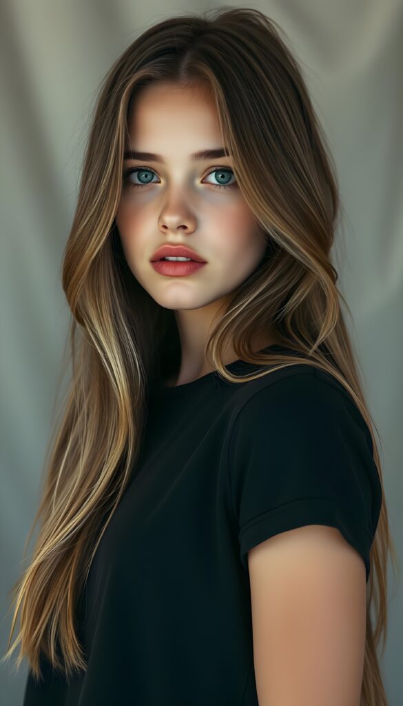 a teen girl, ((perfect, detailed portrait)), she has long brown hair with golden highlights in the same length, ((light blue eyes)), wears a black t-shirt, a few strands of hair fall into her face, full red kissable lips, seductive, light grey canvas backdrop.