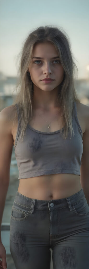 a teen girl, 17 years old, cropped tank top, jeans pants, Photograph, Full body, Cinematic, Hyper-realistic