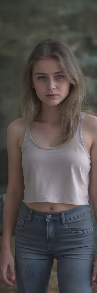 a teen girl, 17 years old, cropped tank top, jeans pants, Photograph, Full body, Cinematic, Hyper-realistic