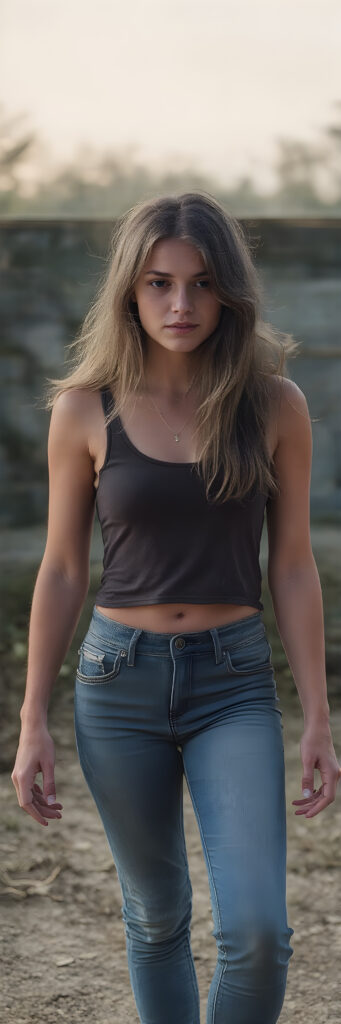 a teen girl, 17 years old, cropped tank top, jeans pants, Photograph, Full body, Cinematic, Hyper-realistic