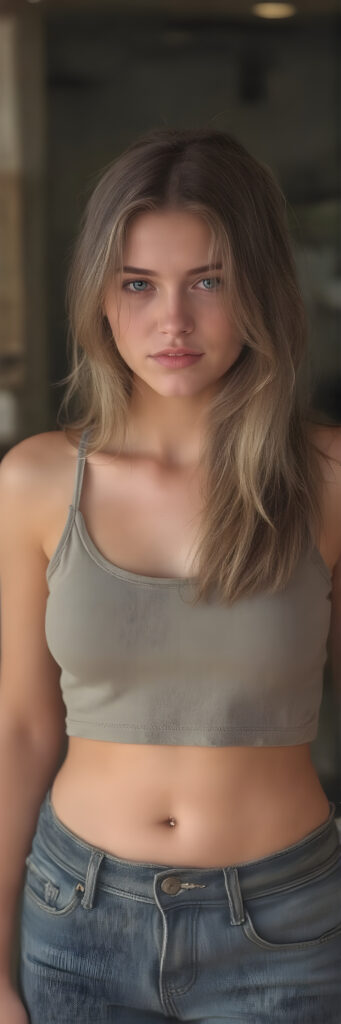 a teen girl, 19 years old, cropped tank top, jeans pants, Photograph, Full body, Cinematic, Hyper-realistic