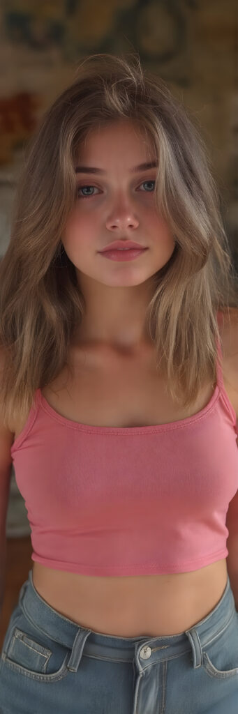 a teen girl, 19 years old, cropped tank top, jeans pants, Photograph, Full body, Cinematic, Hyper-realistic