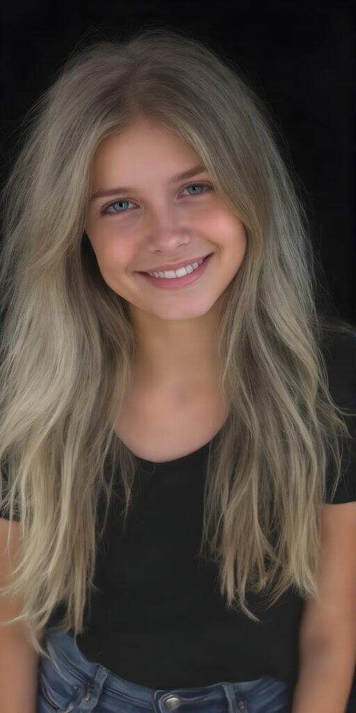 a (((teen girl))) with (((extremely long, silky wavy light blonde hair))), wearing a sleek and tight black T-Shirt that seamlessly complements her stylishly faded jeans. Her face exudes a (((soft yet inviting smile))), perfectly accentuating her ((perfectly proportioned figure)), which includes a slim waist and (extraordinary long, flowing eyelashes) that add to her (alluring charm), black backdrop that give off a (vivid color contrast) against her (natural skin tone) makeup and (crisp pearly white teeth) as the ultimate finishing touch, full body