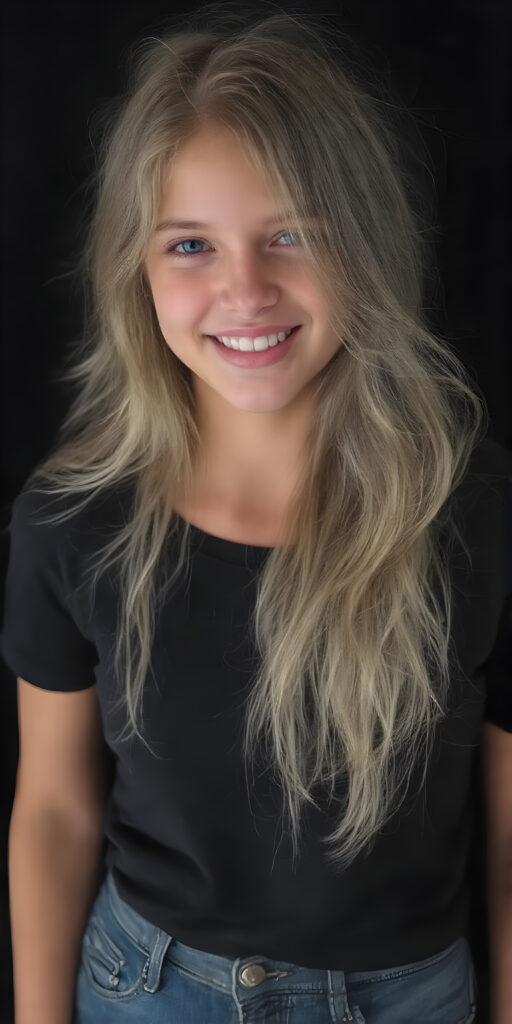 a (((teen girl))) with (((extremely long, silky wavy light blonde hair))), wearing a sleek and tight black T-Shirt that seamlessly complements her stylishly faded jeans. Her face exudes a (((soft yet inviting smile))), perfectly accentuating her ((perfectly proportioned figure)), which includes a slim waist and (extraordinary long, flowing eyelashes) that add to her (alluring charm), black backdrop that give off a (vivid color contrast) against her (natural skin tone) makeup and (crisp pearly white teeth) as the ultimate finishing touch, full body