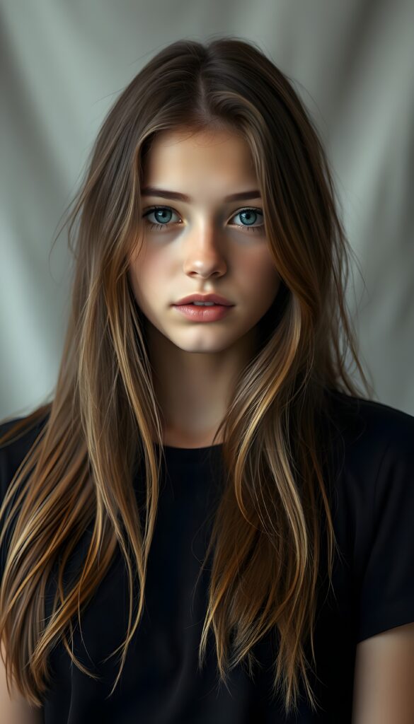 a teen girl, ((perfect, detailed portrait)), she has long brown hair with golden highlights in the same length, ((light blue eyes)), wears a black t-shirt, a few strands of hair fall into her face, full red kissable lips, seductive, light grey canvas backdrop.