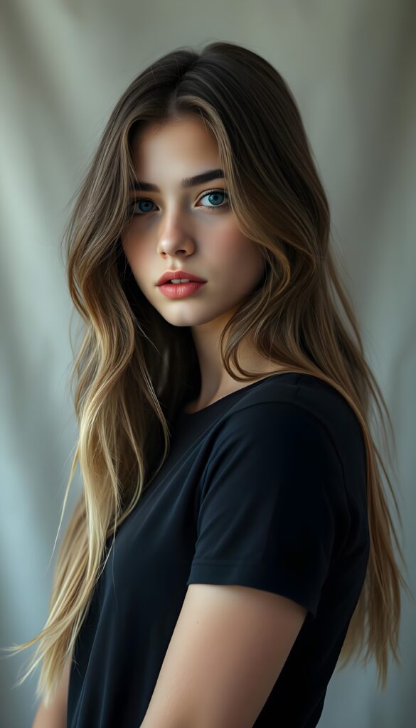 a teen girl, ((perfect, detailed portrait)), she has long brown hair with golden highlights in the same length, ((light blue eyes)), wears a black t-shirt, a few strands of hair fall into her face, full red kissable lips, seductive, light grey canvas backdrop.